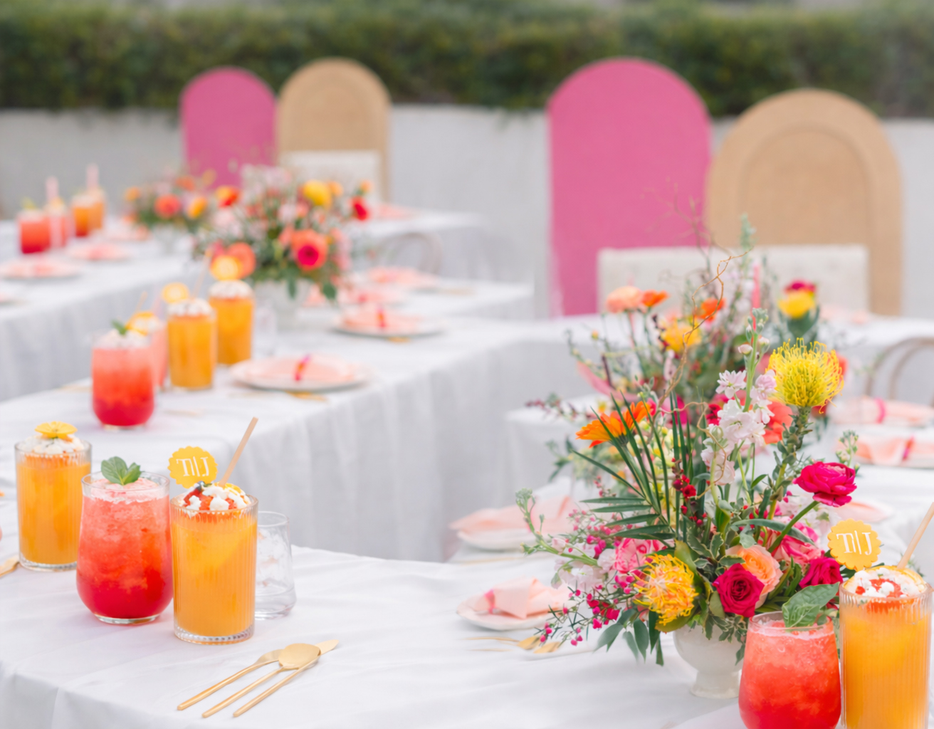 Outdoor wedding reception tables styled with colorful mocktails and floral arrangements in Redlands, California