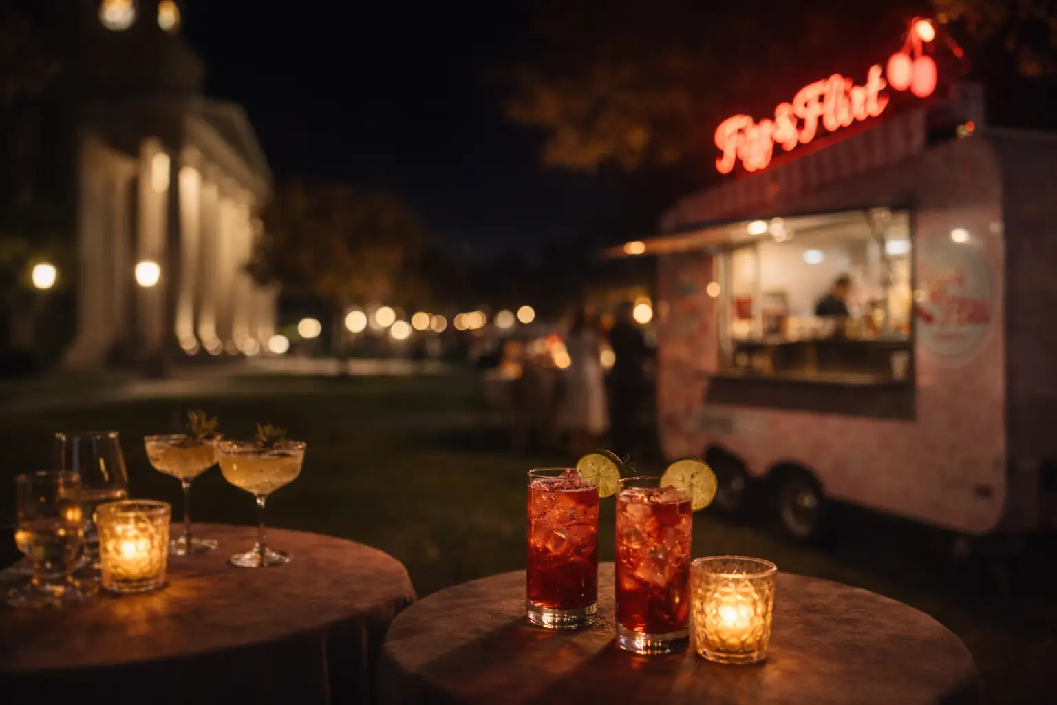 Fizz & Flirt mobile non-alcoholic beverage bar trailer at an evening wedding event