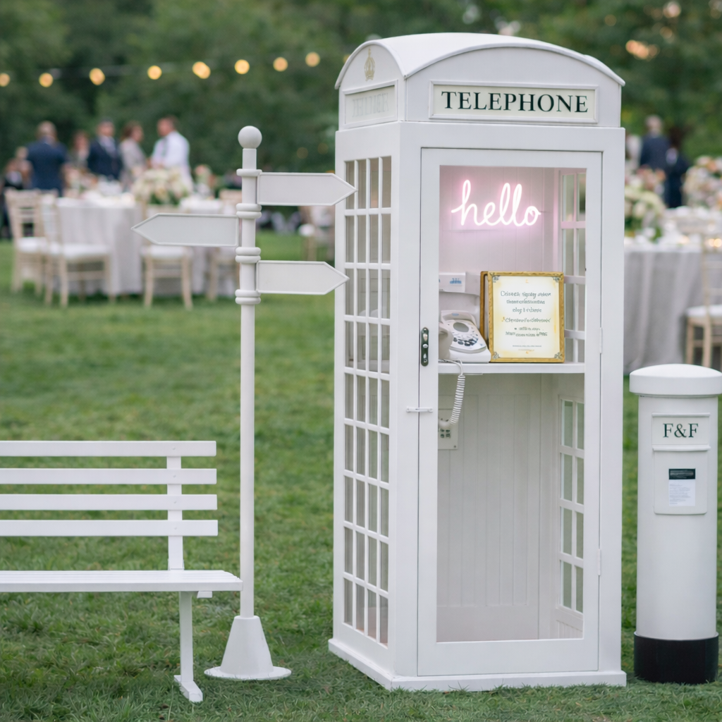 Wedding photo booth installation with digital guestbook display