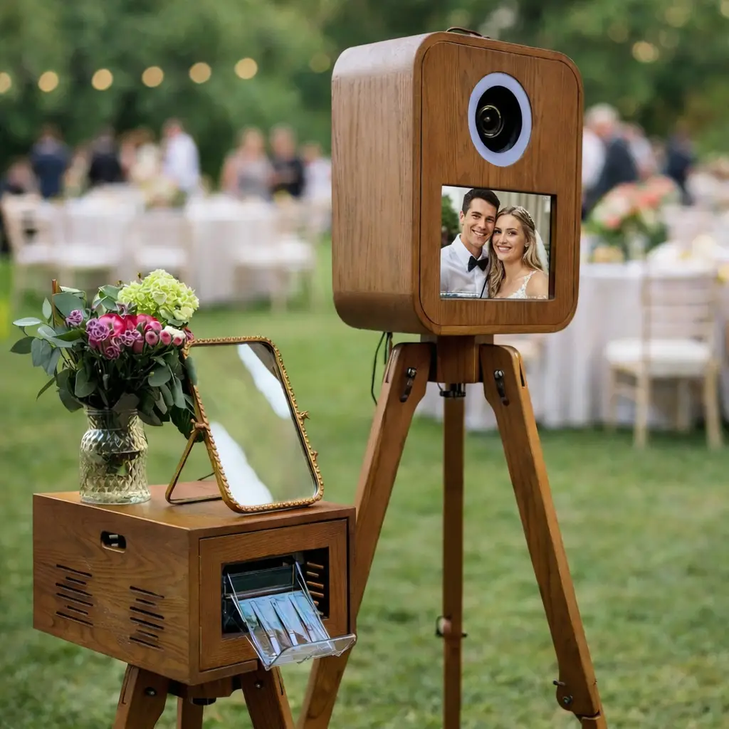 Selfie pod photo booth at outdoor wedding reception in the Inland Empire